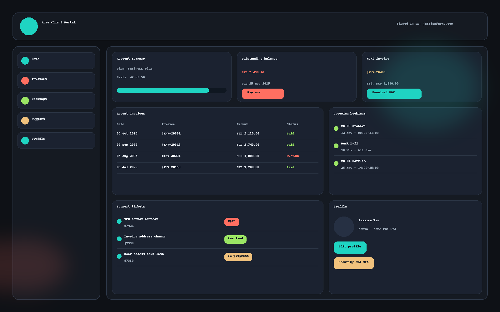 Client portal with invoices, bookings, and profile